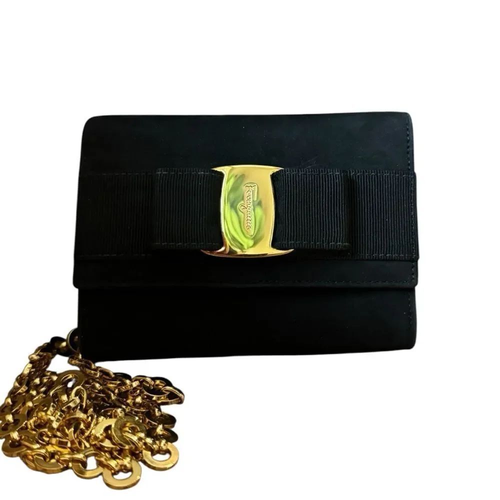 Salvatore Ferragamo Vara Ribbon Black Suede Chain Shoulder Bag Mini Pochette